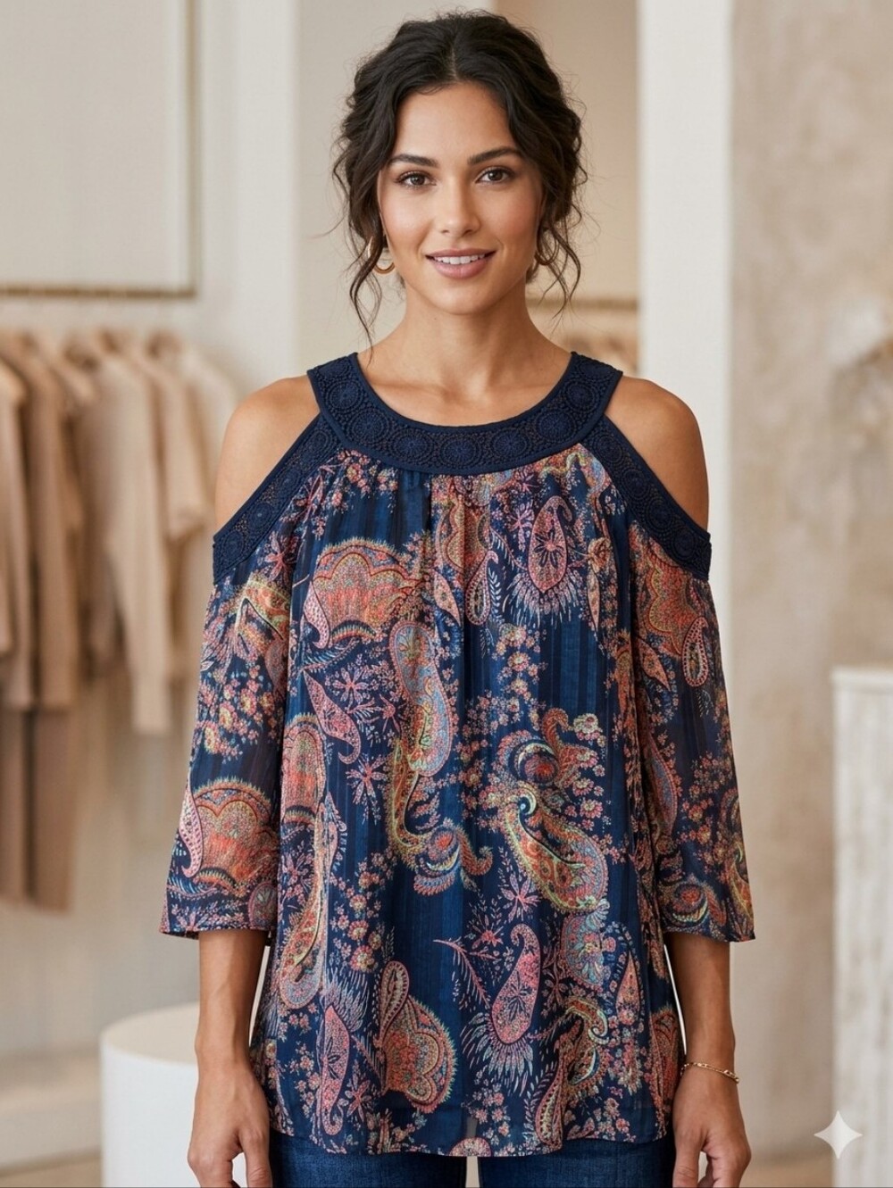 Daniel Rainn Navy Paisley Crochet-Trim Cold-Shoulder Tunic